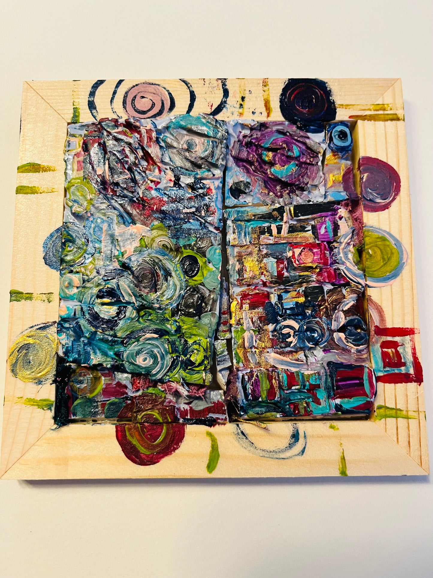 Completed Deluxe Eras Collection MetaPainting by AFS Mosaics — two hand-cast ceramic tiles painted in bold full-spectrum colors by Ariel Finelt Shoemaker
