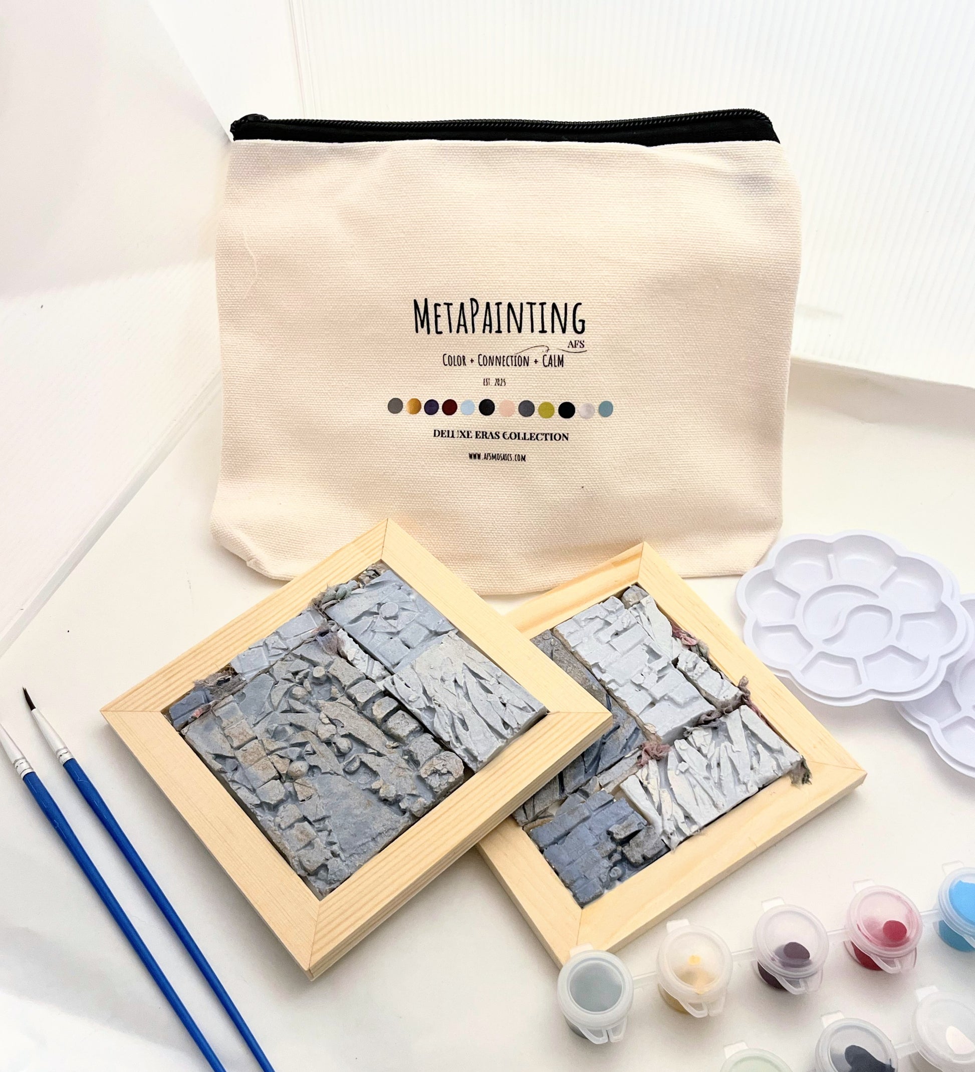 Deluxe Eras Collection MetaPainting Kit by AFS Mosaics — two hand-cast ceramic Mosaic Evolution Tiles with twelve-color paint palette, brushes, and canvas keepsake pouch