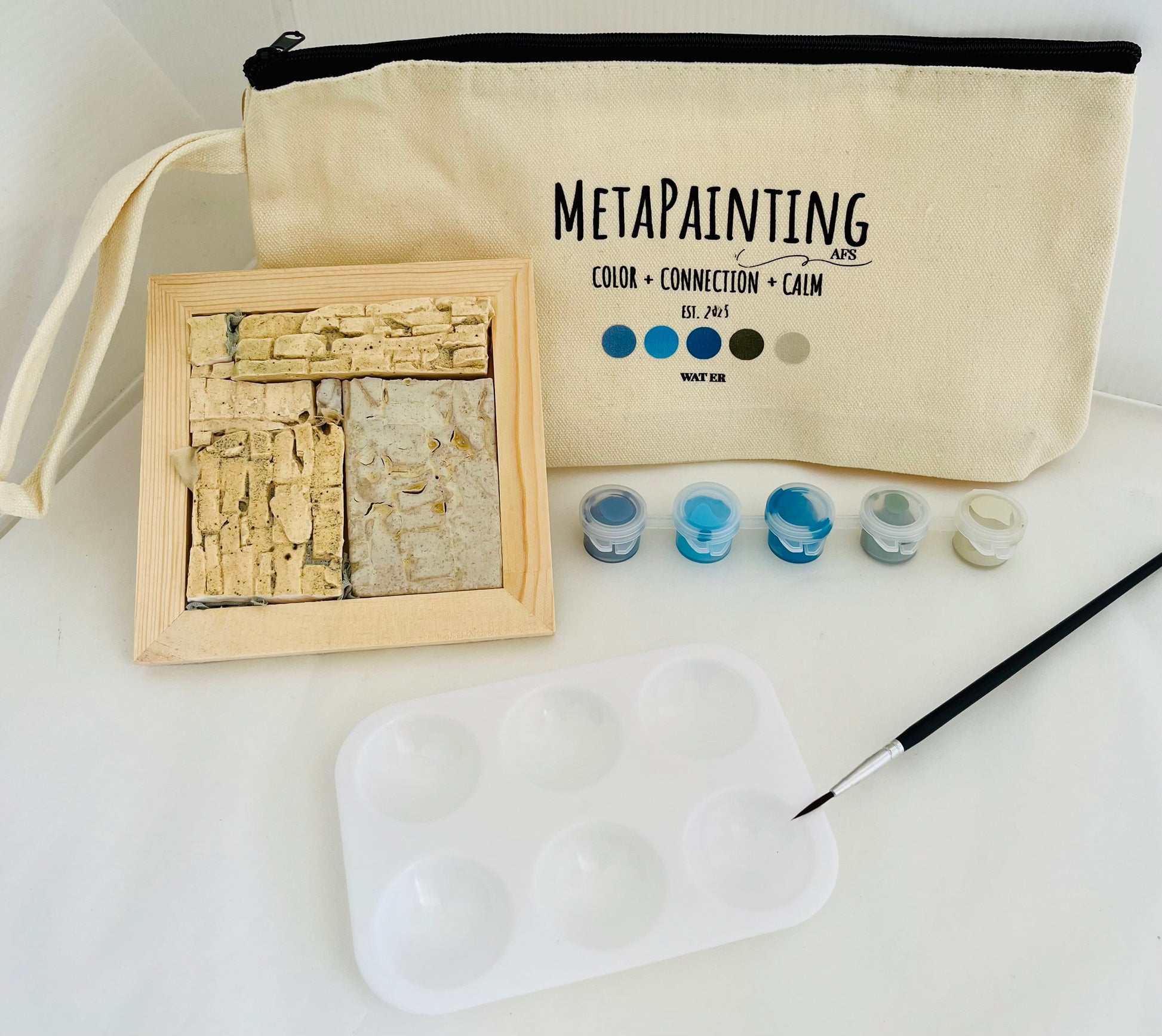 Water Element MetaPainting Kit by AFS Mosaics — hand-cast ceramic tile with blue and aqua paint palette, brush, and canvas keepsake pouch